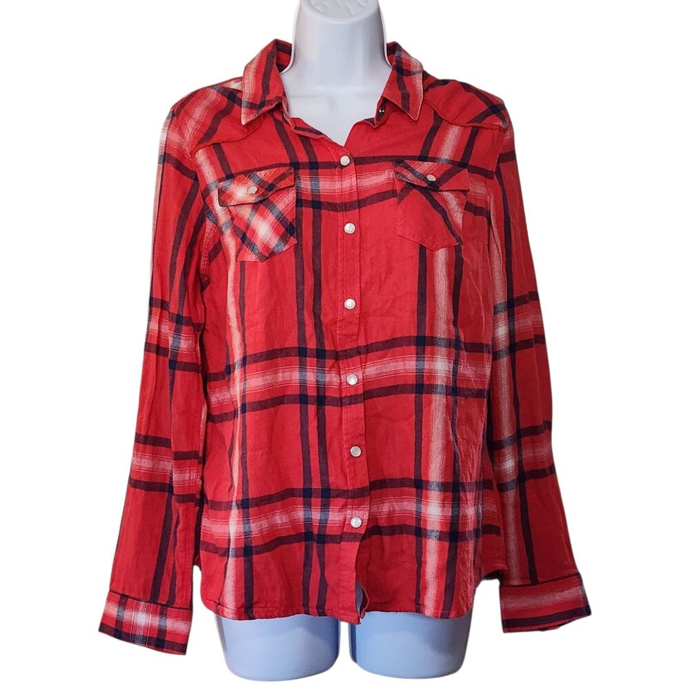 Mossimo Womens Flannel Shirt Size L Jrs Red Plaid Pearl Snaps Western